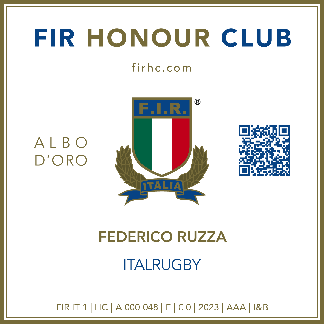 FIR Honour Club - Token Id A 000 048 - FEDERICO RUZZA